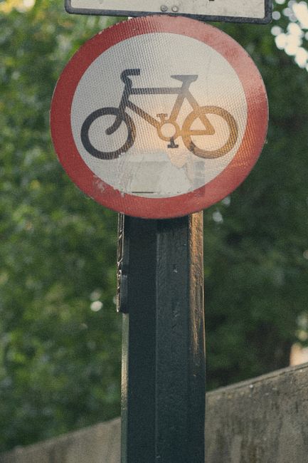 A circular traffic sign with a red border and a black bicycle symbol in the center, mounted on a black metal pole outdoors. The background features green foliage and sunlight filtering through leaves, with part of a concrete wall visible below the sign. The sign indicates restrictions or rules related to bicycles in the area, which may be relevant to street-loading rules in Redbridge. The image is associated with house removals and moving services provided by Man with Van Redbridge, emphasizing parking and loading considerations for home relocations or furniture transport.